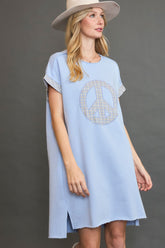 Umgee Peace Plaid Applique Short Sleeve Mini Dress Light Blue OutfitFlow