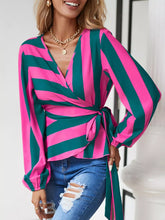 Striped Wrap Blouse with Tie Detail Hot Pink OutfitFlow
