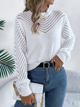 Openwork Round Neck Long Sleeve Knit Top White OutfitFlow