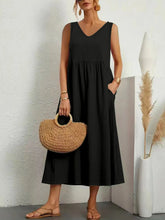 Full Size Pocketed V-Neck Sleeveless Midi Dress Plus Size Black OutfitFlow