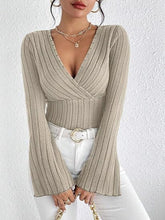 Ribbed Flare Sleeve Top Khaki OutfitFlow