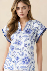 Floral Print Ricrac Trim Short Sleeve Blouse Light Blue OutfitFlow