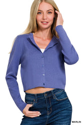 Zenana Button-Front Crewneck Long Sleeve Cropped Cardigan MARLIN OutfitFlow