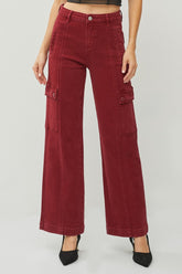 RISEN Full Size High Rise Wide Leg Cargo Jeans Wine OutfitFlow