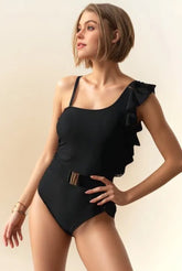 Davi & Dani Solid One Shoulder Ruffle One Piece Swimsuit BLACK OutfitFlow