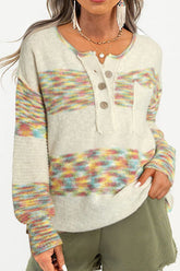 Contrast Half Button Long Sleeve Sweater Beige OutfitFlow