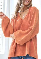 Frill V-Neck Balloon Sleeve Blouse Orange OutfitFlow