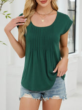 Pleated Front Scoop Neck T-Shirt Dark Green OutfitFlow
