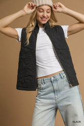 Umgee Quilted Floral Zip Up Vest with Pockets Black OutfitFlow