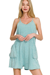 Zenana Acid Crinkle Washed Spaghetti Strap Romper DUSTY TEAL OutfitFlow