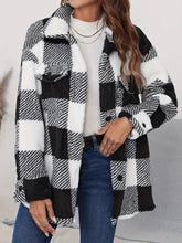 Plaid Button Up Long Sleeve Fuzzy Outerwear Black OutfitFlow