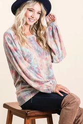 BiBi Brushed Tie Dye Print Top with Puff Sleeves TIE DYE OutfitFlow