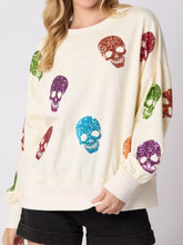 Halloween Colorful Skull Sequin Oversized Sweatshirt Milky White OutfitFlow