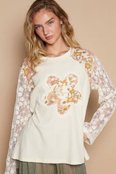 POL Flower Patch Lace Sleeve Knit Top Cream OutfitFlow