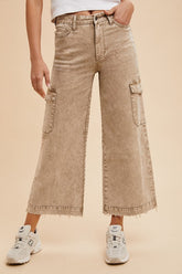 Annie Wear Raw Hem Wide Leg Jeans with Cargo Pockets Camel OutfitFlow