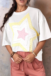 Star Layered Patched Graphic Drop Shoulder Half Sleeve Loose Tee White OutfitFlow