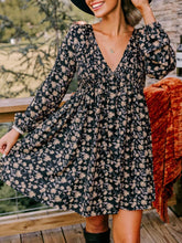 Floral Deep V Neck Smocked Bust Bubble Sleeve Babydoll Dress Black OutfitFlow