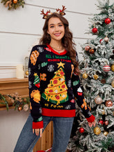 Christmas Element Round Neck Long Sleeve Sweater Black OutfitFlow