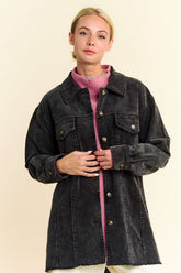 Davi & Dani Washed Corduroy Raw Hem Button Up Jacket Black OutfitFlow