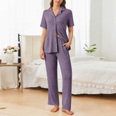 Button Down Long Sleeve Top and Pants Lounge Set Mauve OutfitFlow