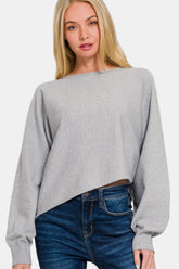 Zenana Asymmetric Hem Long Sleeve Sweater H Grey OutfitFlow