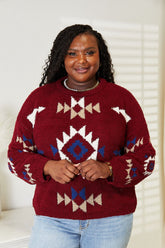 HEYSON Full Size Aztec Soft Fuzzy Sweater Burgundy OutfitFlow