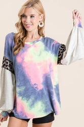 BiBi Tie Dye Terry Top with Contrast Puff Sleeves CHARCOAL TIE DYE OutfitFlow