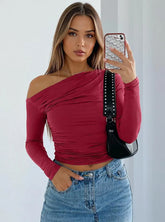 Ruffled Single Shoulder T-Shirt Burgundy OutfitFlow
