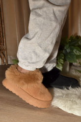 WILD DIVA Faux-Fur Platform Slip On Booties Camel OutfitFlow