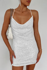 Cowl Neck Contrast Sequin Sleeveless Mini Dress White OutfitFlow