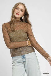 Umgee Nylon Lace Mesh Long Sleeve Top Brown OutfitFlow
