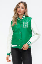 Love Me Now PU Leather Contrast Snap Down Bomber Jacket Green Milk OutfitFlow