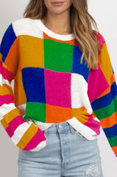 Color Block Round Neck Long Sleeve Sweater Orange OutfitFlow