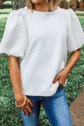 Textured Round Neck Puff Sleeve Blouse White OutfitFlow