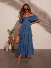 Off Shoulder Ruffle Tiered Denim Dress Dark Blue OutfitFlow