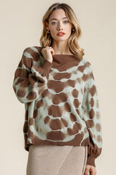 Umgee Full Size Ribbed Hem Tie Dye Round Neck Sweater Plus Size Coffee Brown OutfitFlow