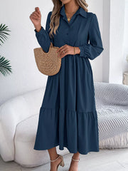 Long Sleeve Tiered Button Front Midi Dress OutfitFlow