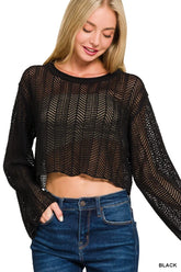 Zenana Open Knit Cropped Sweater BLACK OutfitFlow