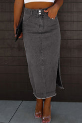 Raw Hem Slit Pocketed Midi Denim Skirt Dark OutfitFlow