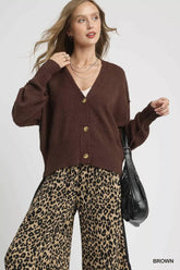 Umgee Button-Front V-Neck Knit Cardigan Brown OutfitFlow