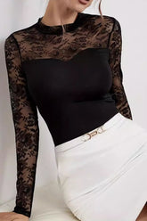 Lace Patchwork Mock Neck Long Sleeve Blouse Black OutfitFlow