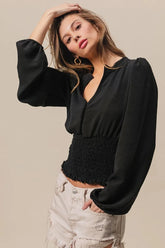 BiBi Smoking Waist Band and Puff Sleeves Deep V Neck Top BLACK OutfitFlow