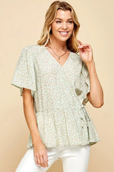 Lime 'N' Chili Ditsy Print V-Neck Short Sleeve Wrap Blouse SAGE GINGER OutfitFlow