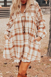 Plaid Collared Neck Long Sleeve Mini Shirt Dress Camel OutfitFlow