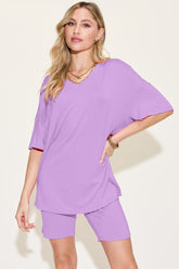 Basic Bae Bamboo Full Size V-Neck Drop Shoulder T-Shirt and Shorts Set Lavender OutfitFlow
