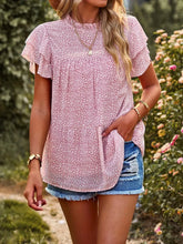 Printed Ruffle Sleeve Babydoll Blouse Pink OutfitFlow
