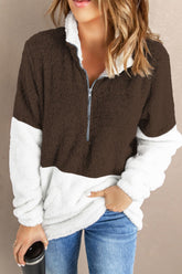 Color Block Half Zip Long Sleeve Fuzzy Sweatshirt Chocolate OutfitFlow