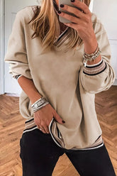 Casual V-Neck Striped Trim Pullover Tan OutfitFlow