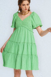 Davi & Dani Jacquard Checker Smocking Tiered Dress IBIZA GREEN OutfitFlow