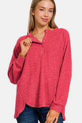 Zenana Full Size Brushed Melange Hacci High-Low Sweater Strawberry OutfitFlow